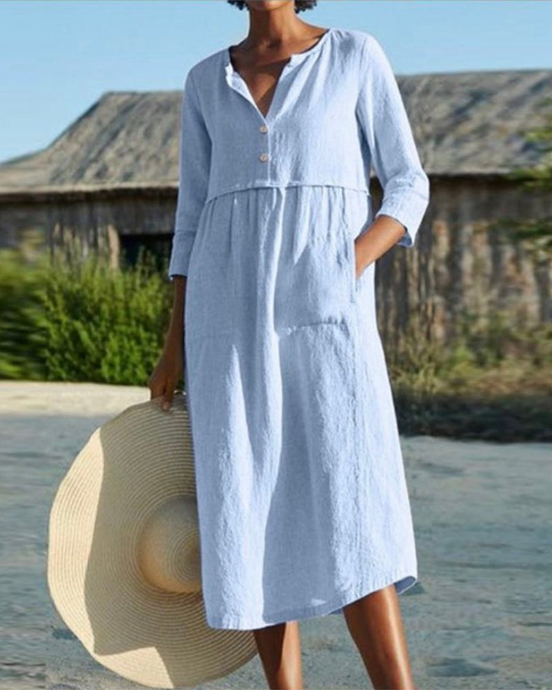 LM | Chic summer midi dress made of airy cotton fabric with an elegant button placket