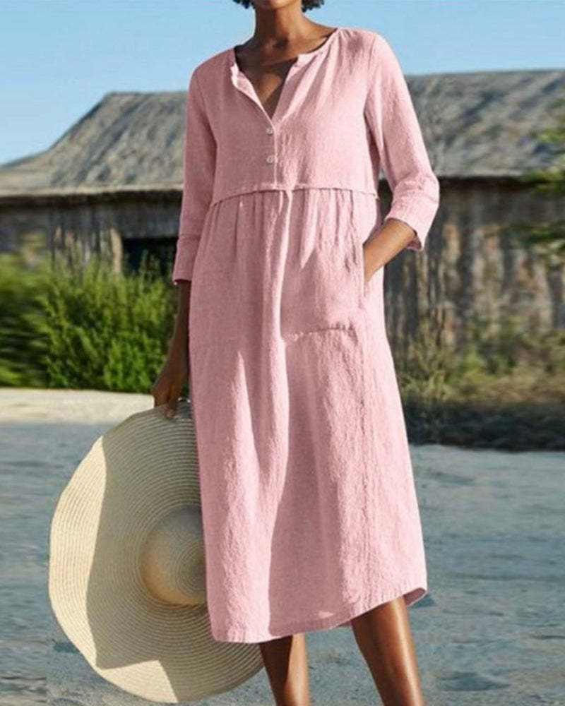 LM | Chic summer midi dress made of airy cotton fabric with an elegant button placket