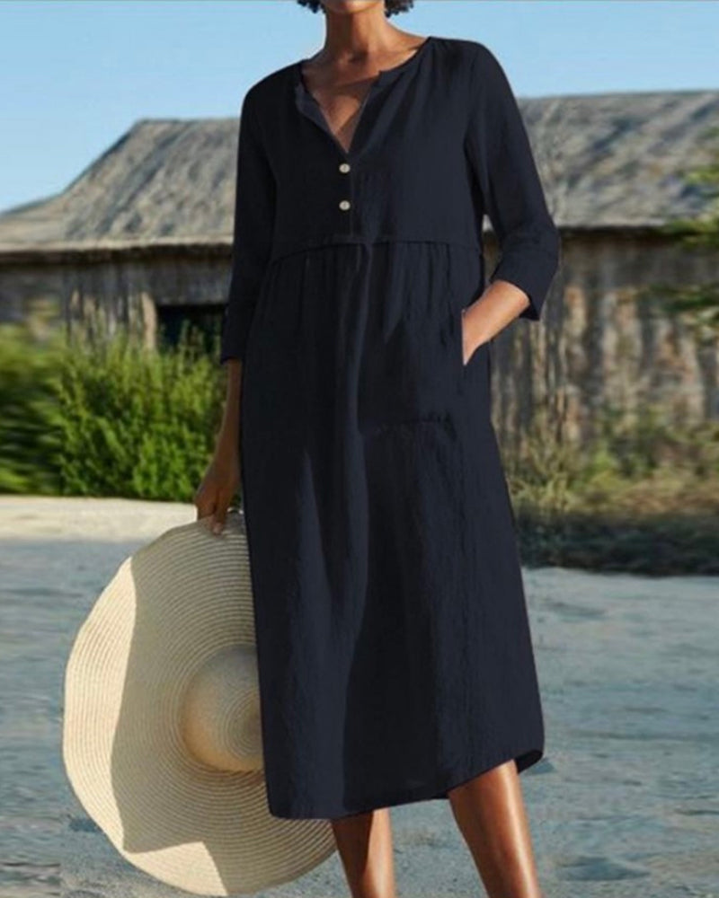 LM | Chic summer midi dress made of airy cotton fabric with an elegant button placket