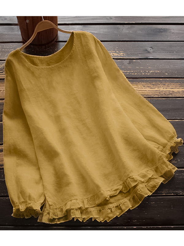 TS | O-Neck Solid Long Sleeve Ruffle Linen Tops