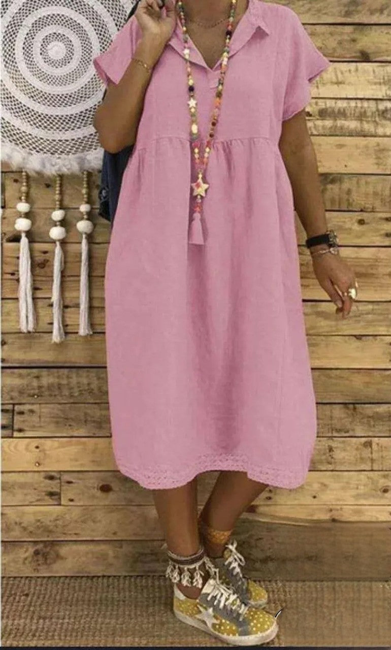 TS | Short-sleeved midi dress in cotton and linen, plus sizes for women