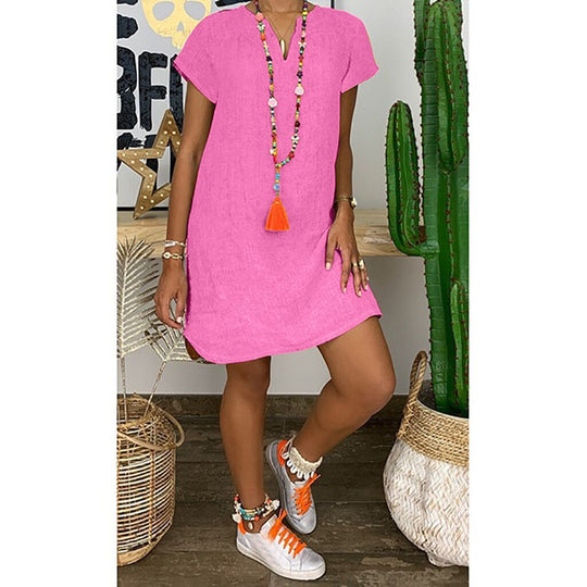 TS | Georgina - Loose basic model, short-sleeved, plain-colored cotton linen dress with V-neckline