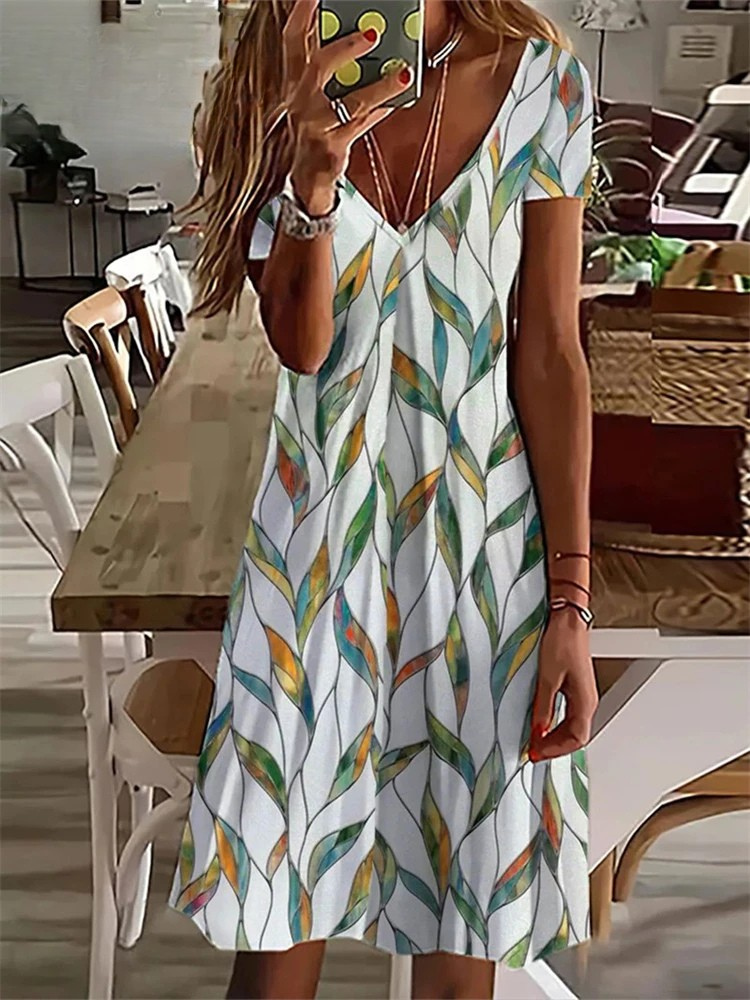 LD Women's Sundress Midi Dress Short Sleeve Floral Print Summer Casual V Neck Loose Dresses Plus Size 2024 Dameskleding Vestidos