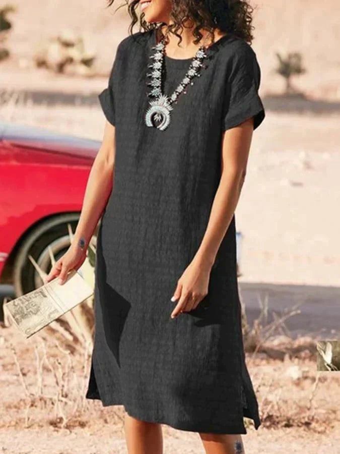 LM | Midi summer dress with a round neckline and short sleeves