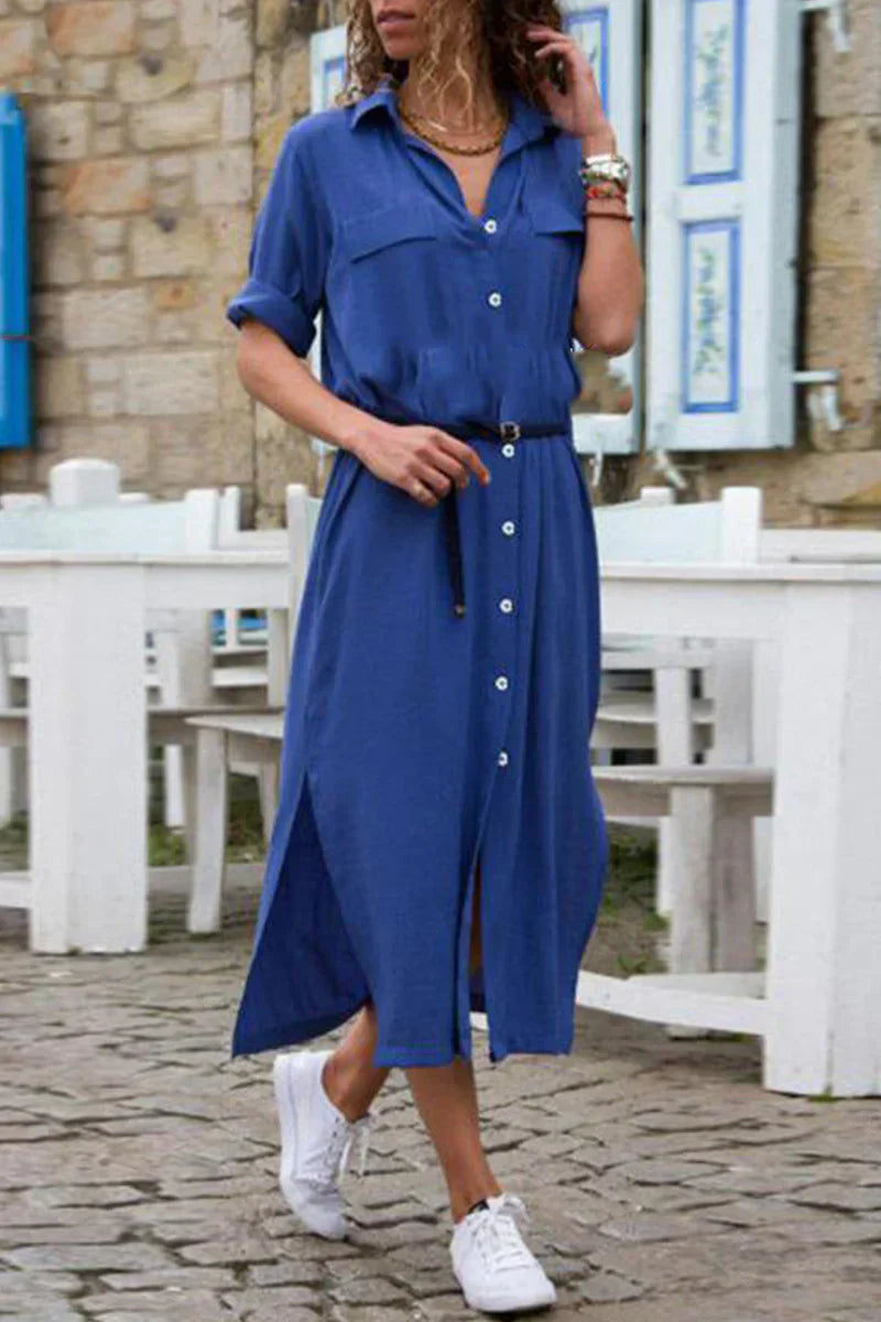 TS | Casual shirt dress with turn-down collar and monochrome patchwork