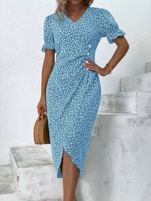 TS | Floral midi dress with wrap and flounce sleeves