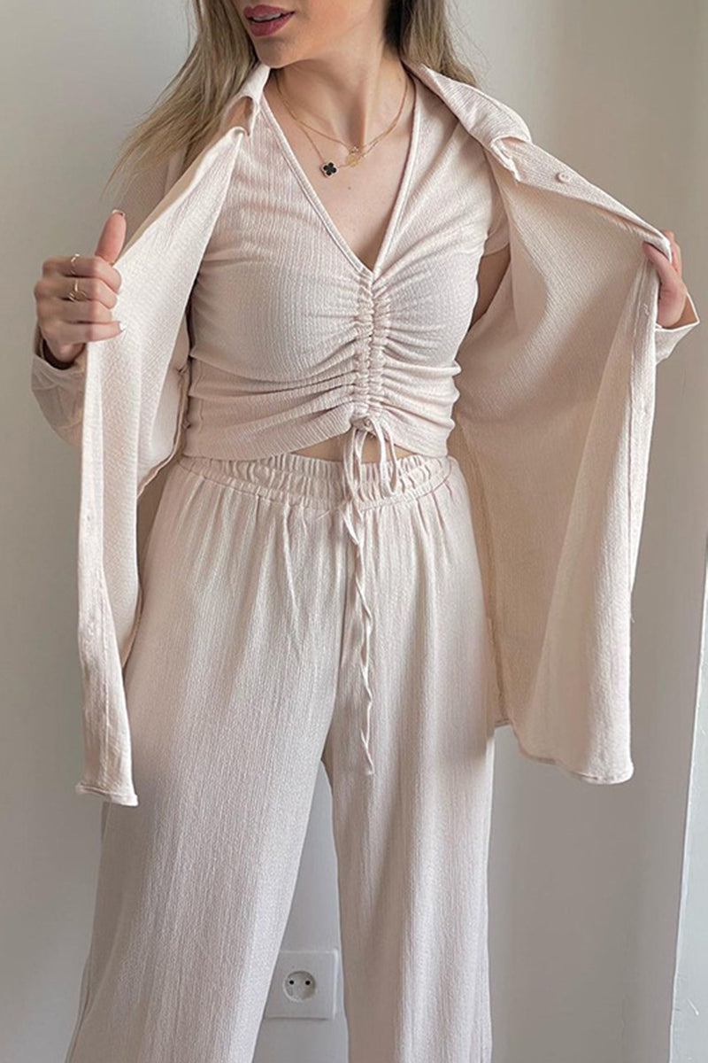 LD Casual Solid Draw String Fold Turndown Collar Lange Mouw Driedelig (Shirt Vest Broek)