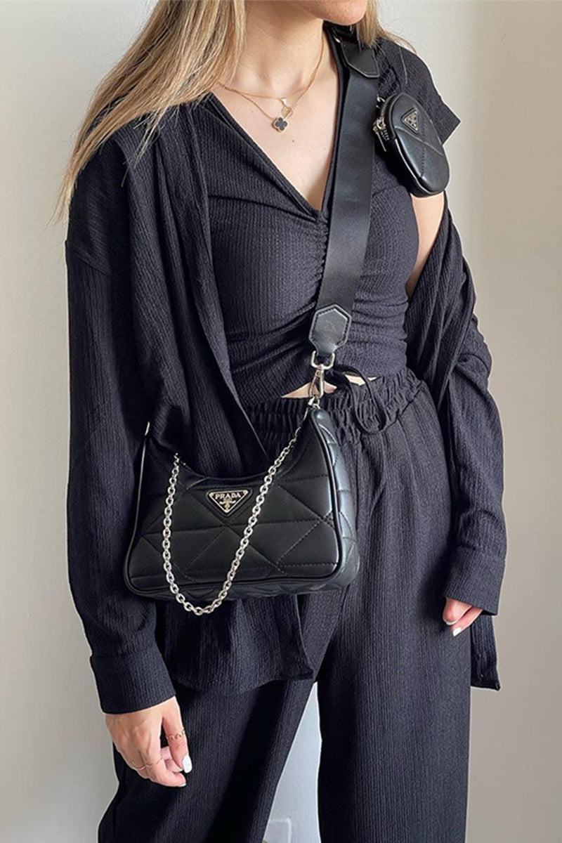 LD Casual Solid Draw String Fold Turndown Collar Lange Mouw Driedelig (Shirt Vest Broek)