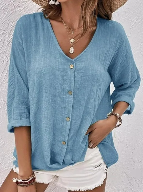 TS | Tania - Comfortable, long-sleeved cotton and linen top with button placket and V-neckline