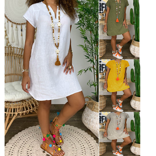 TS | Georgina - Loose basic model, short-sleeved, plain-colored cotton linen dress with V-neckline