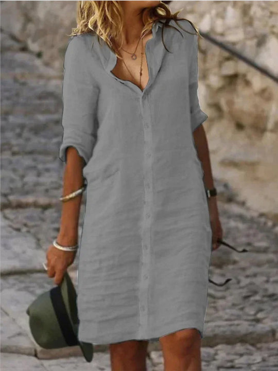 TS | Miriam - Plain cotton dresses with lapels and buttons and half sleeves