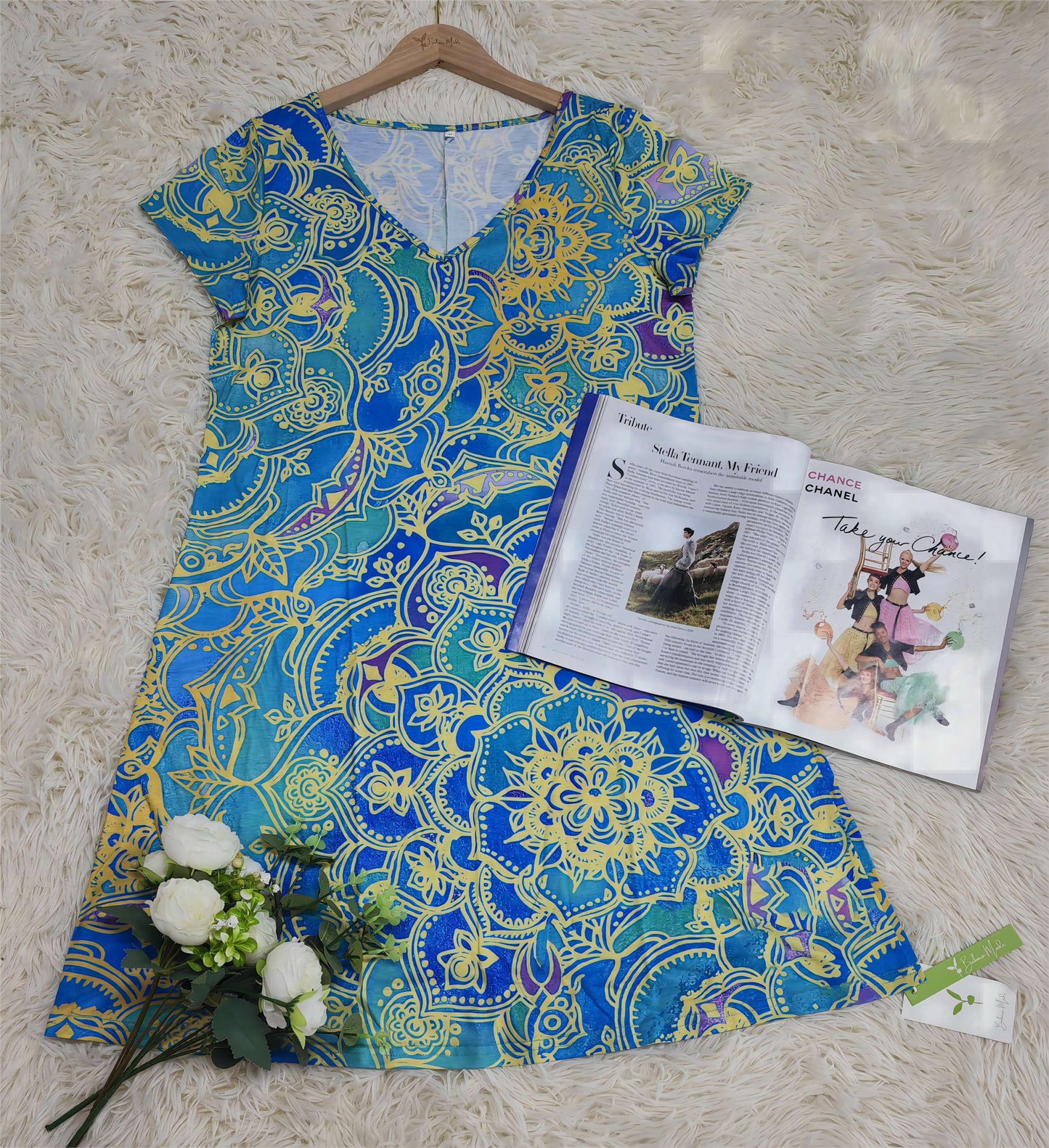 TS | Ocean blue knee-length mini dress with mandala print and short sleeves