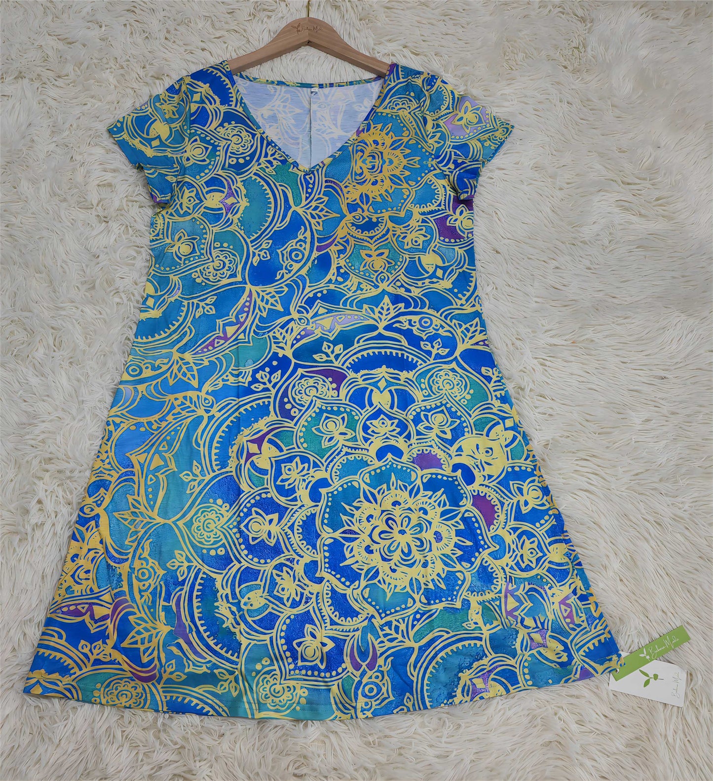 TS | Ocean blue knee-length mini dress with mandala print and short sleeves
