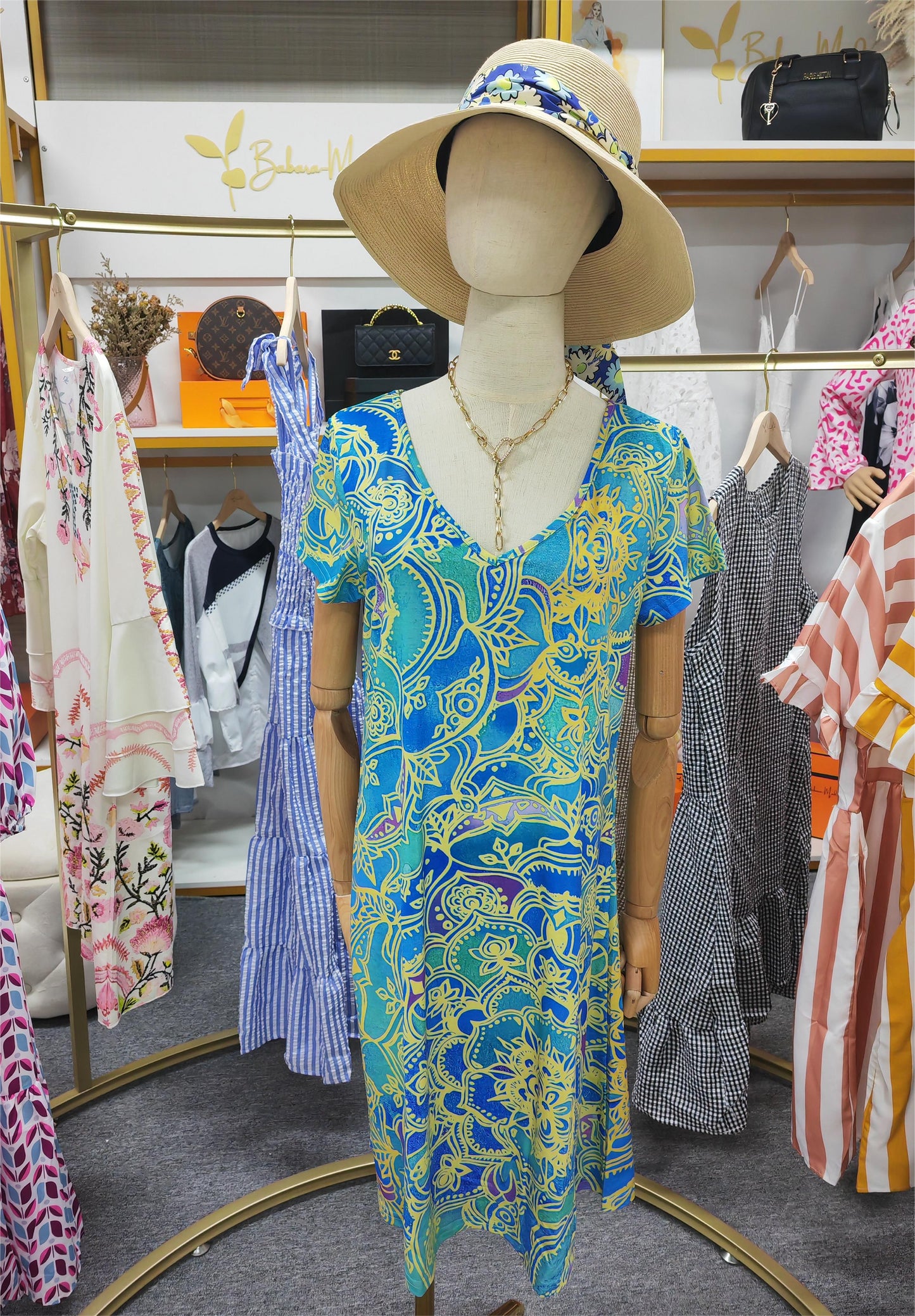 TS | Ocean blue knee-length mini dress with mandala print and short sleeves
