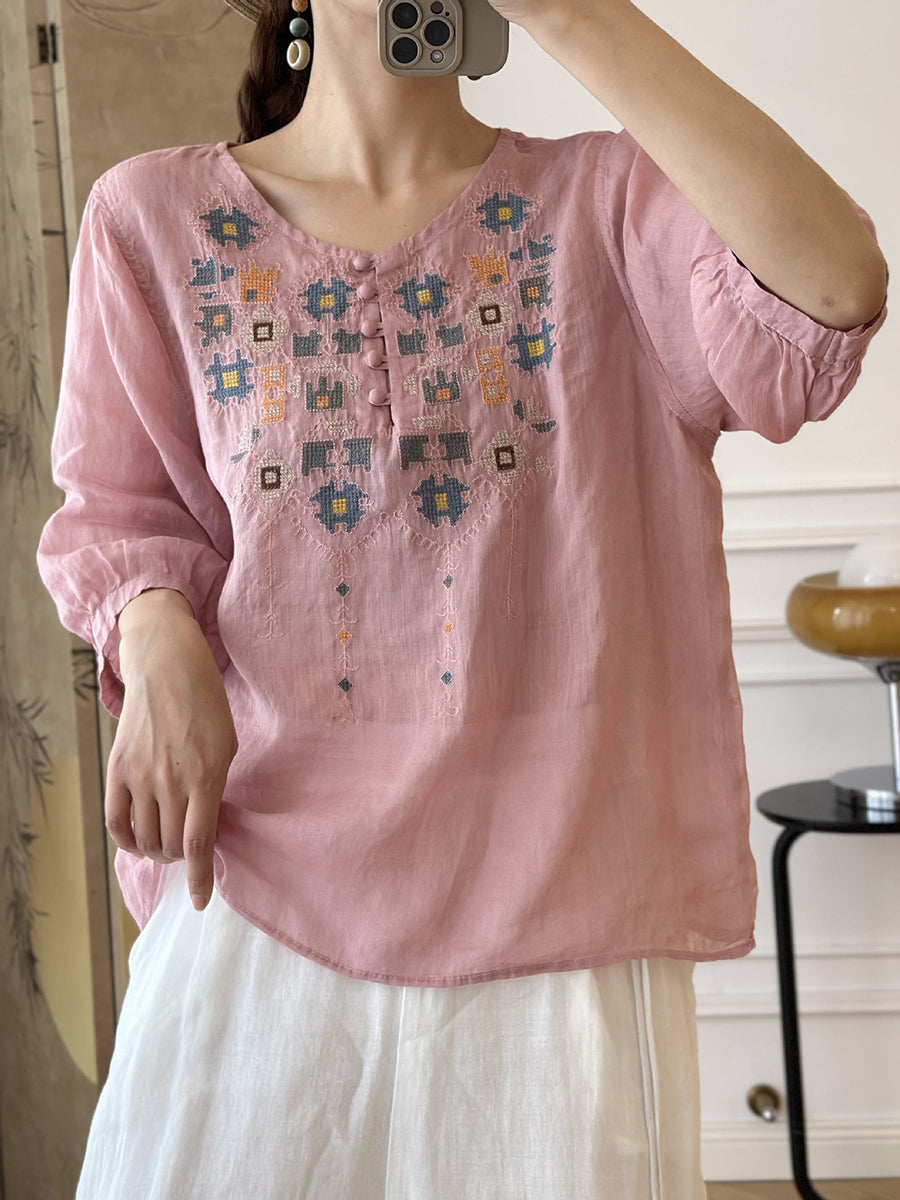 LM | Ladies Summer Ethnic Embroidery Ramie Shirt