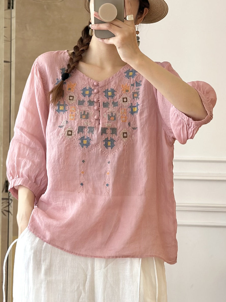 LM | Ladies Summer Ethnic Embroidery Ramie Shirt