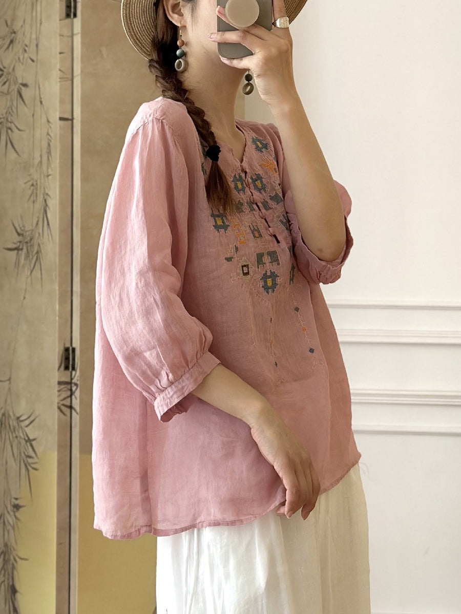 LM | Ladies Summer Ethnic Embroidery Ramie Shirt
