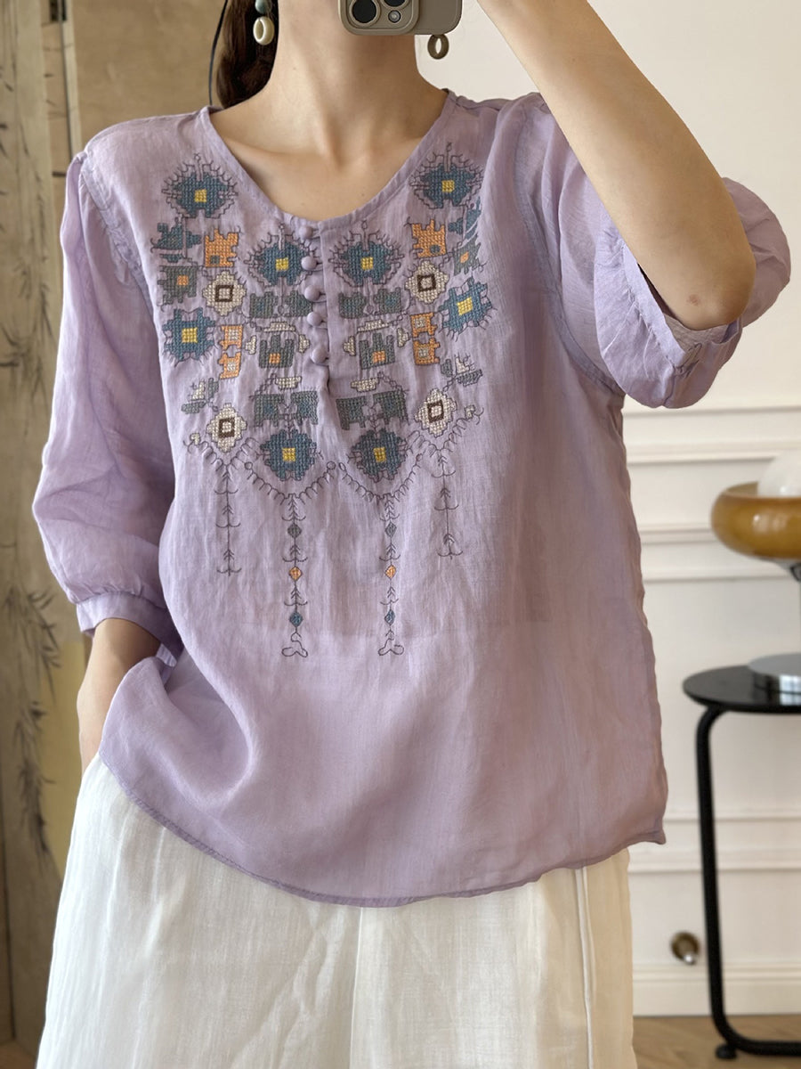LM | Ladies Summer Ethnic Embroidery Ramie Shirt