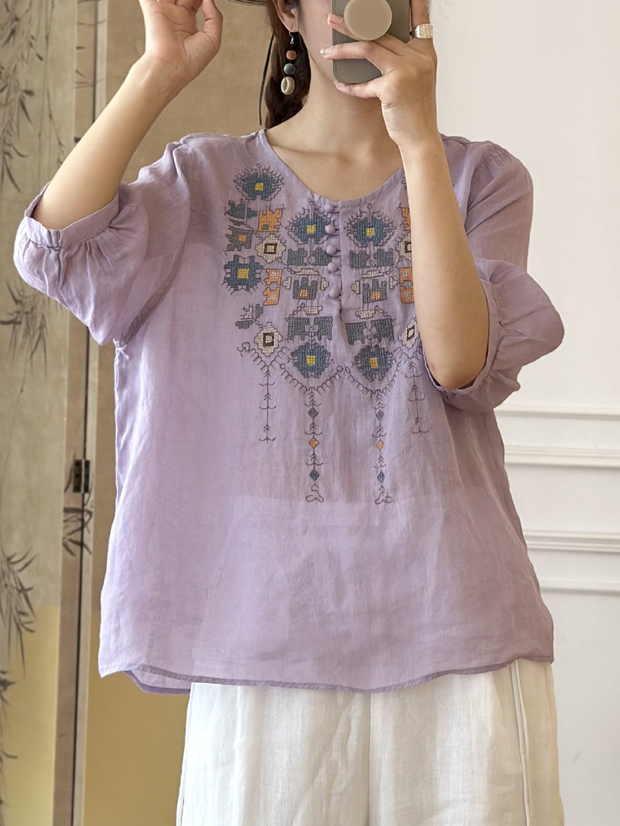 LM | Ladies Summer Ethnic Embroidery Ramie Shirt