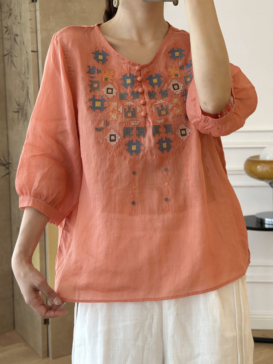 LM | Ladies Summer Ethnic Embroidery Ramie Shirt