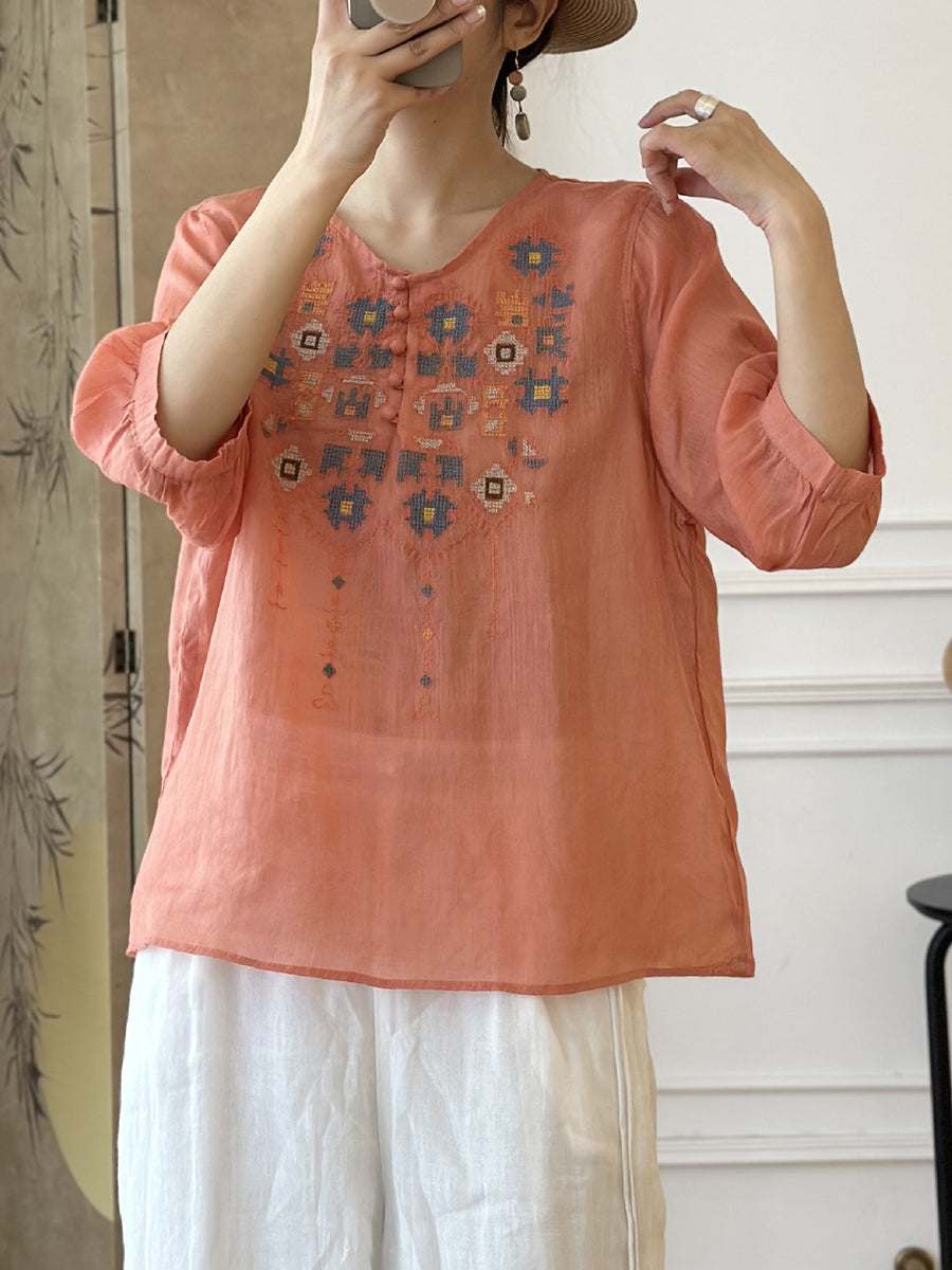LM | Ladies Summer Ethnic Embroidery Ramie Shirt