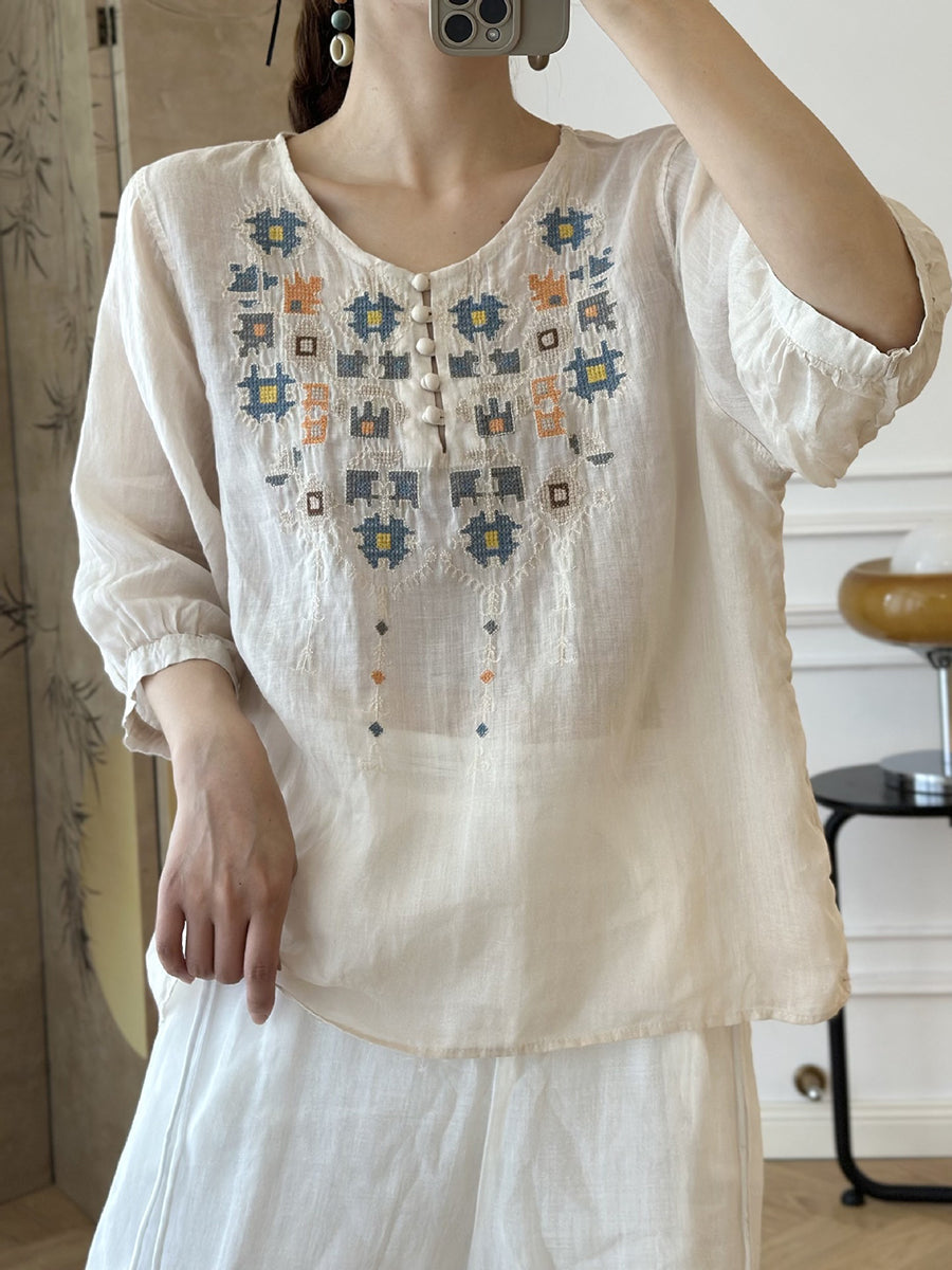 LM | Ladies Summer Ethnic Embroidery Ramie Shirt