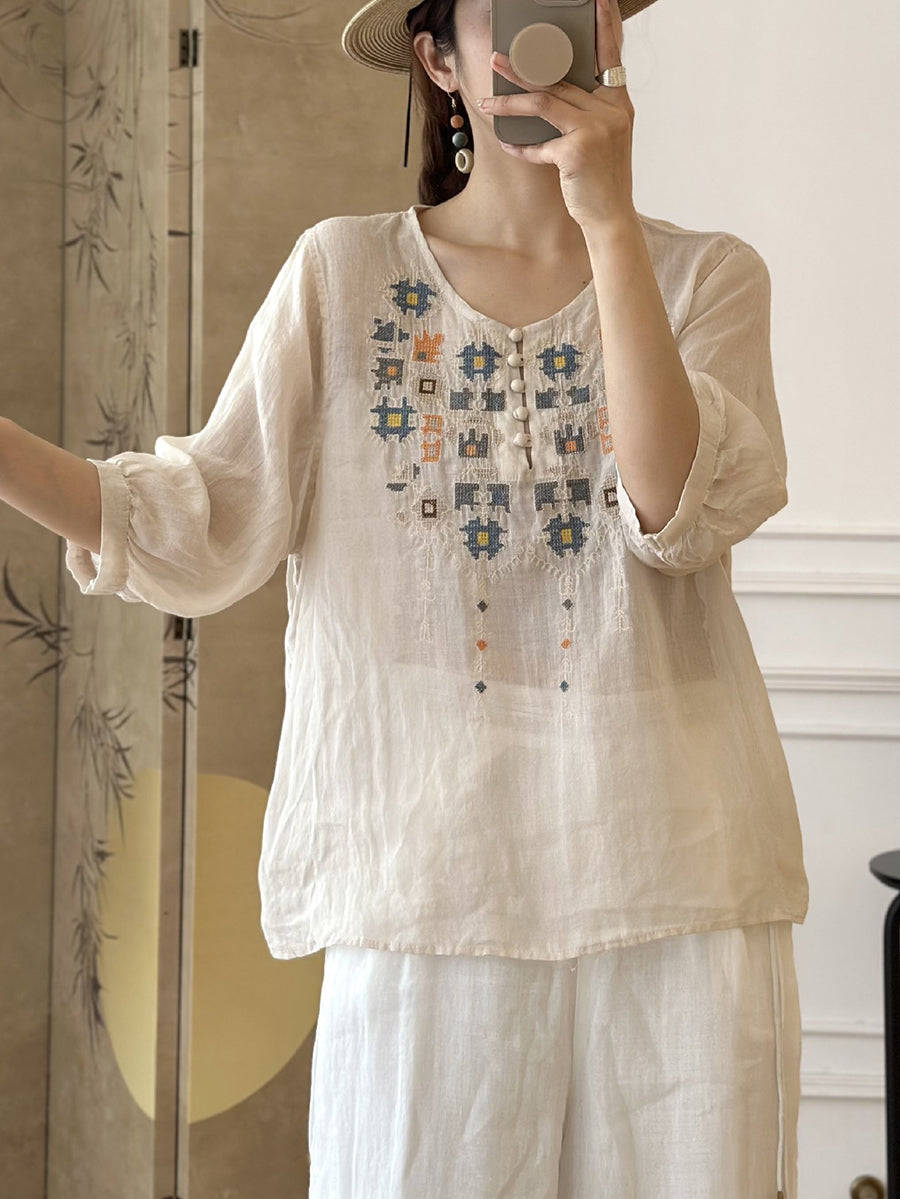LM | Ladies Summer Ethnic Embroidery Ramie Shirt