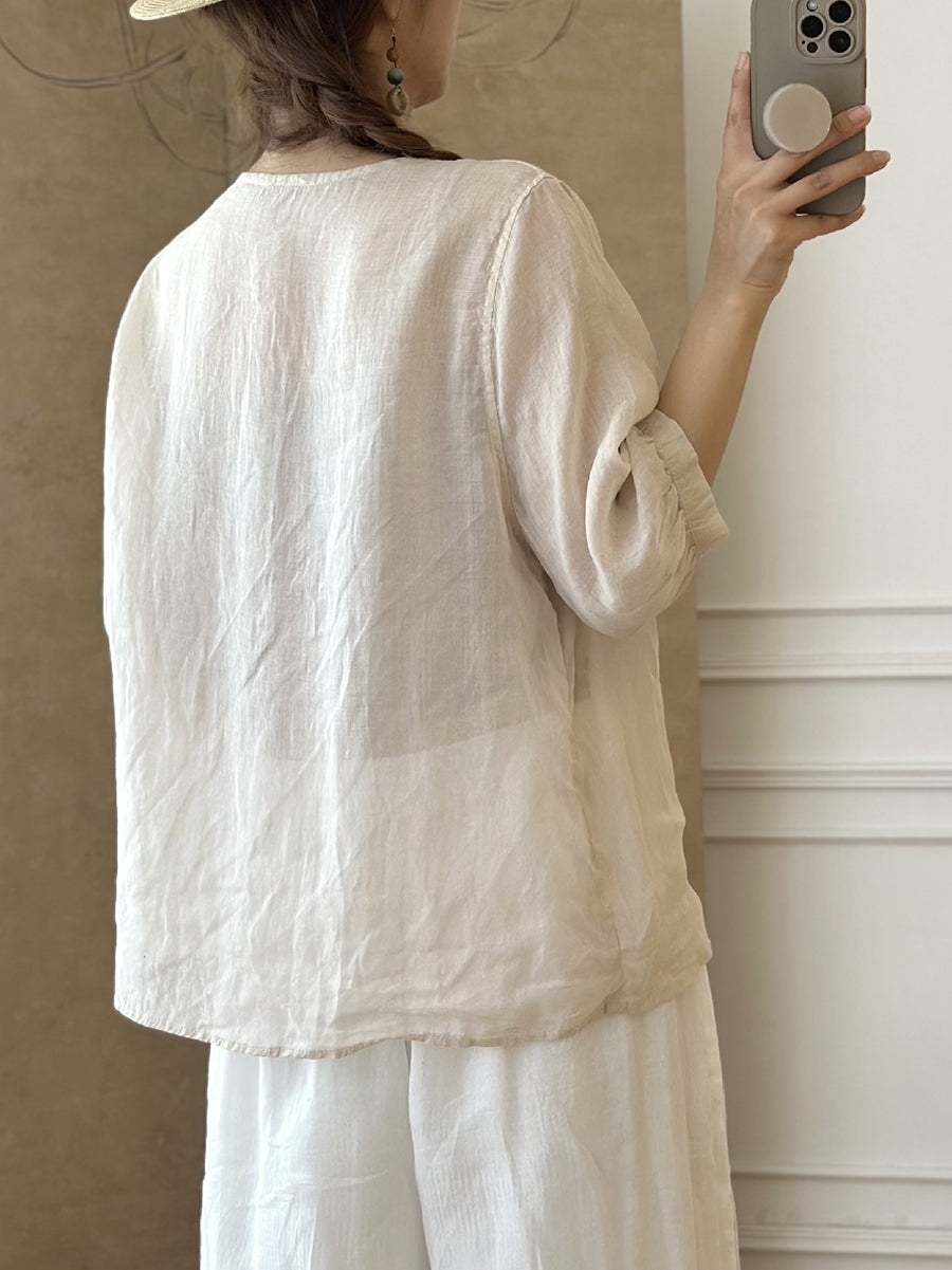 LM | Ladies Summer Ethnic Embroidery Ramie Shirt