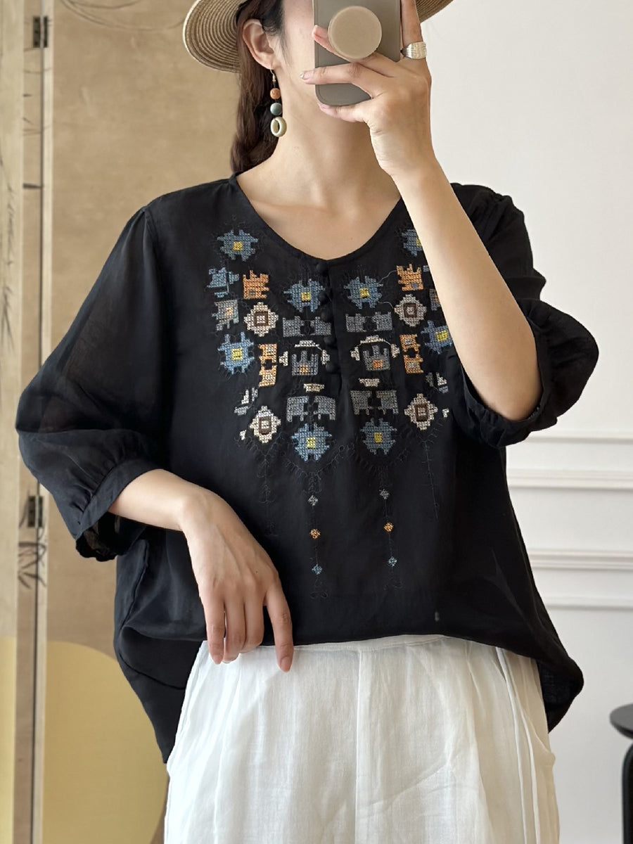 LM | Ladies Summer Ethnic Embroidery Ramie Shirt