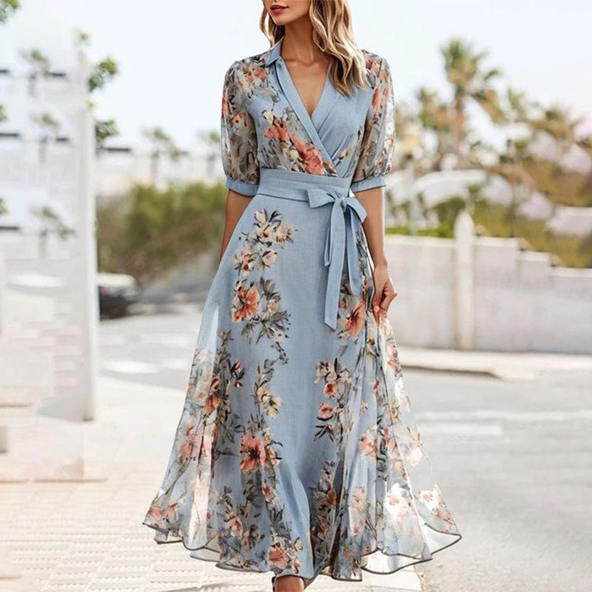 TS | Blue midi dress with short sleeves and a pointed neckline