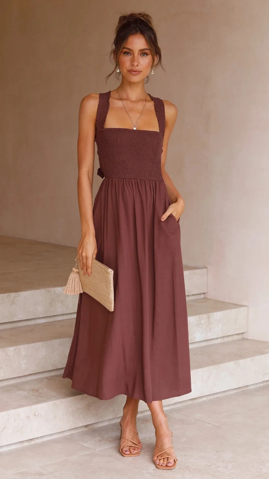 TS | Melanie - Brown, minimalist, sleeveless midi dress