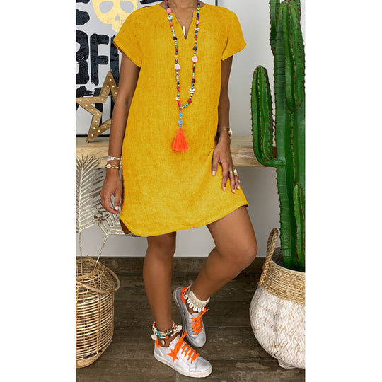 TS | Georgina - Loose basic model, short-sleeved, plain-colored cotton linen dress with V-neckline