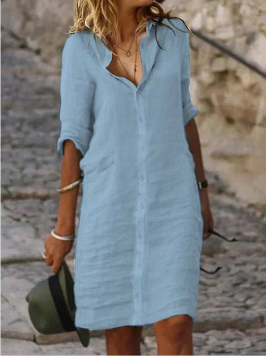 TS | Miriam - Plain cotton dresses with lapels and buttons and half sleeves