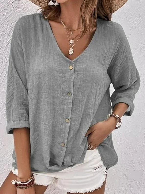 TS | Tania - Comfortable, long-sleeved cotton and linen top with button placket and V-neckline