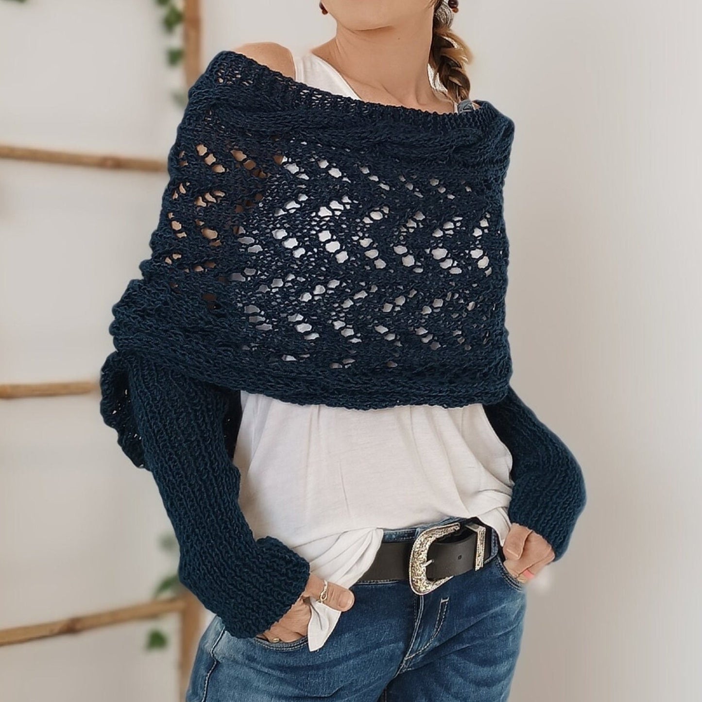TS | Elegant knitted wrap sweater with openwork detail