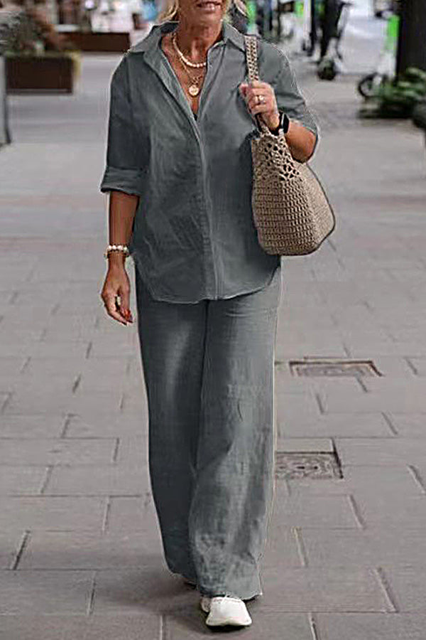 LD tweedelige set kapel lange mouwen shirt casual effen broek met wijde pijpen pak