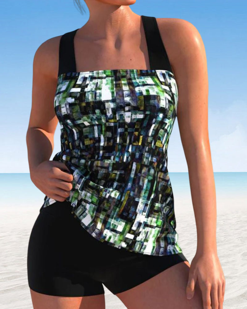 TS | Printed tankini swimming costume with square neckline