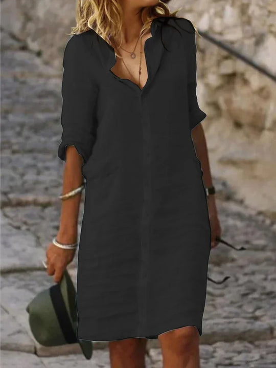 TS | Miriam - Plain cotton dresses with lapels and buttons and half sleeves