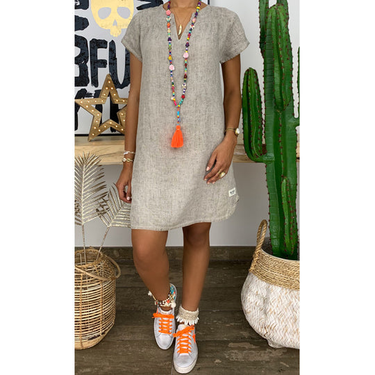 TS | Georgina - Loose basic model, short-sleeved, plain-colored cotton linen dress with V-neckline