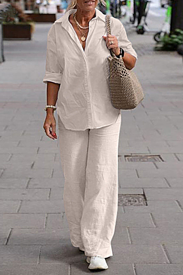 LD tweedelige set kapel lange mouwen shirt casual effen broek met wijde pijpen pak
