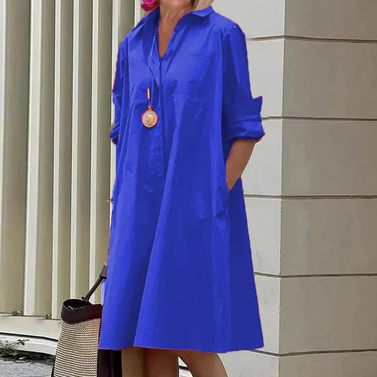 TS | Spring/Summer New Fashion Type Temperamental Shirt Collar Long Sleeve Pocket Half Length Dress