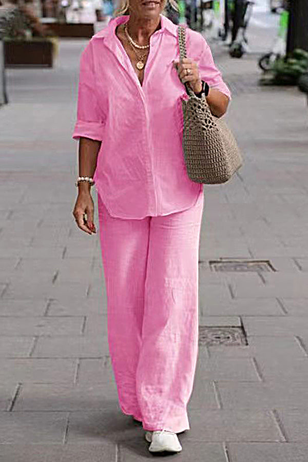 LD tweedelige set kapel lange mouwen shirt casual effen broek met wijde pijpen pak