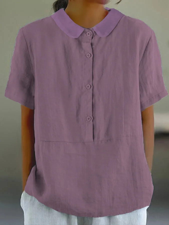 LD | Santorini - Effen casual damesshirt met ronde hals en knoopjes.