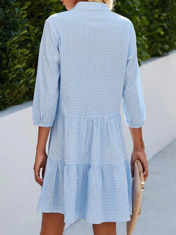 TS | Loose-fitting shirt dress in A-line, checked, with split neckline, halterneck and button fastening