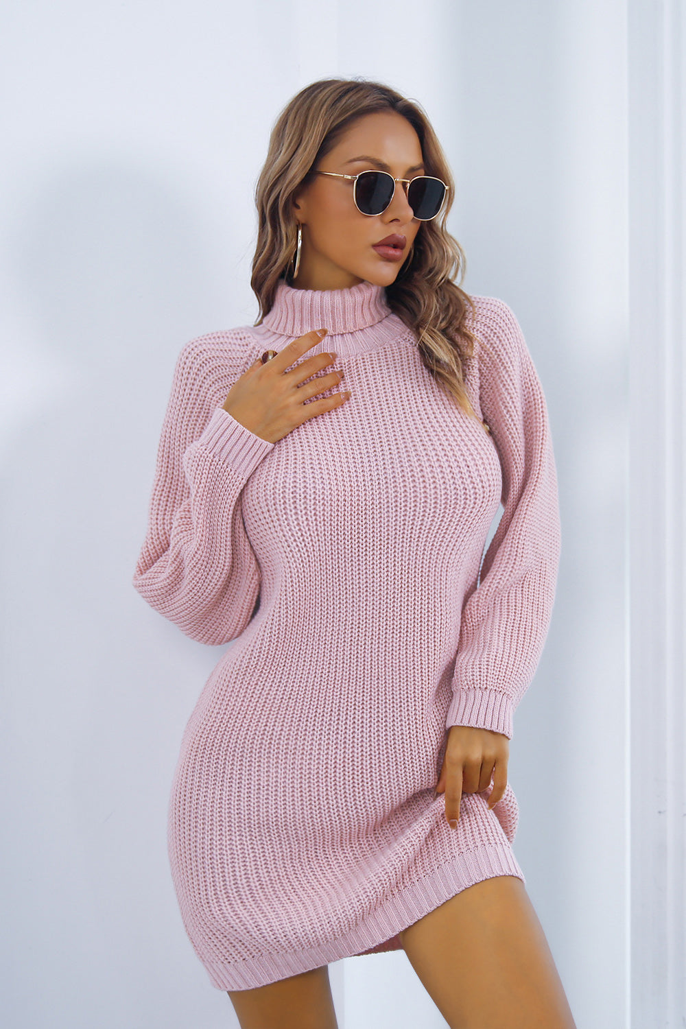 LM | Mini sweater dress with turtleneck and buttons for women