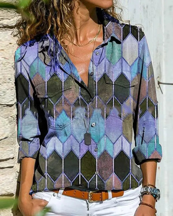 LM color block casual collar long sleeves blouses