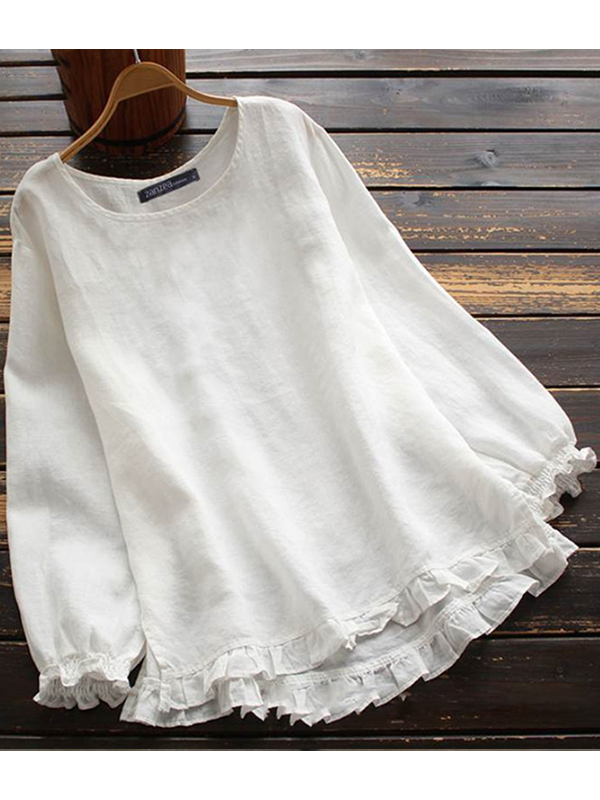 TS | O-Neck Solid Long Sleeve Ruffle Linen Tops