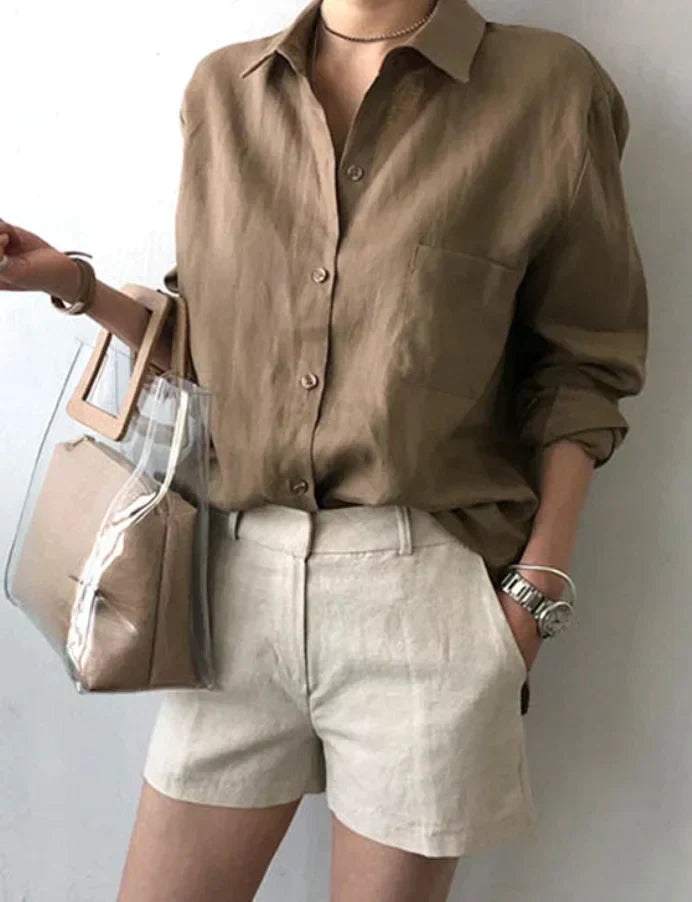 LM ladies cotton shirt spring loose plain shirt collar casual blouse