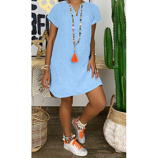 TS | Georgina - Loose basic model, short-sleeved, plain-colored cotton linen dress with V-neckline