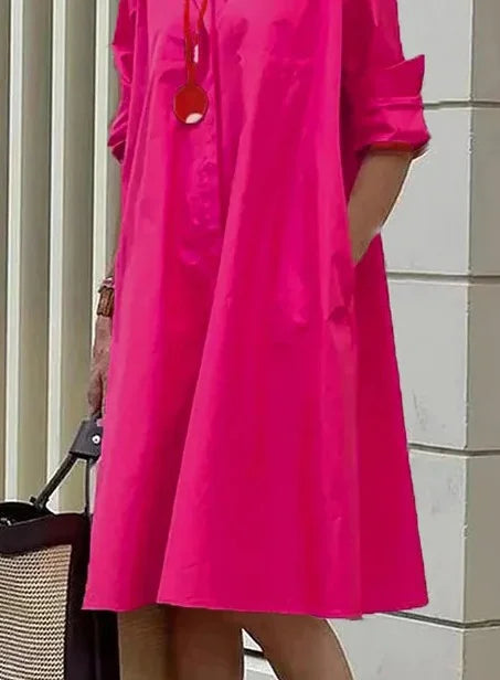 TS | Spring/Summer New Fashion Type Temperamental Shirt Collar Long Sleeve Pocket Half Length Dress